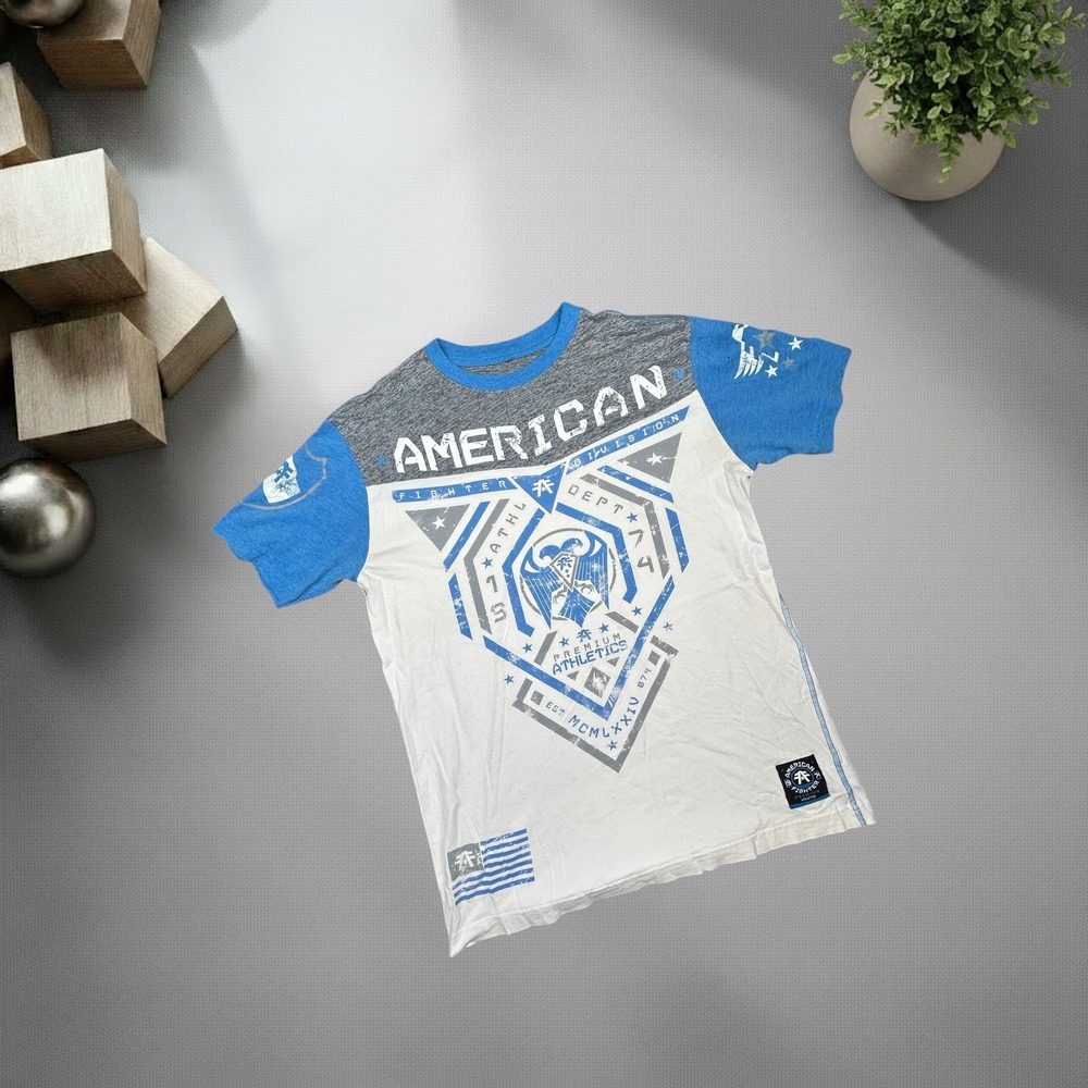 American Fighter Mens Medium Graphic T-Shirt Blue White Y2K MMA Streetwear 1151